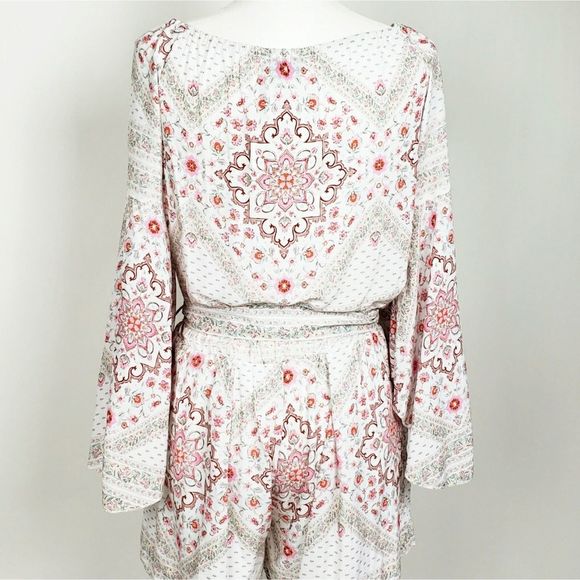 Ebby and I Printed Boho Print White Pink Romper - Picture 4 of 7